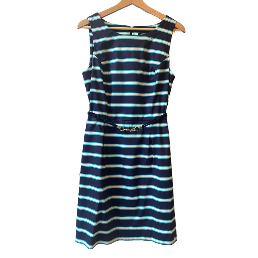 Tommy Hilfiger Blue White Striped Belted Sleeveless Sheath Dress Size 10